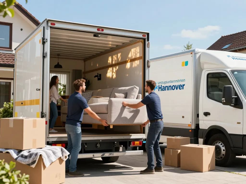Professionelle Umzugshelfer von einem Umzugsunternehmen Hannover laden Möbel in einen Umzugswagen und sorgen für ein stressfreies Umzugserlebnis.