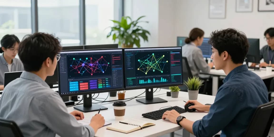快连 network optimization software in a vibrant tech workspace showcasing collaboration and innovation.