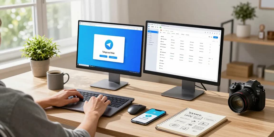 Seamless use of Telegram Web Version in a modern home office setting for remote work.