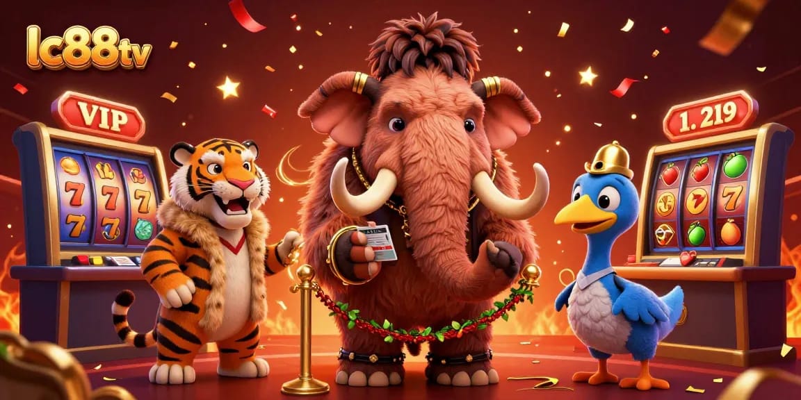 Experience the excitement at lc88tv with a vibrant casino scene featuring unique characters and game elements.