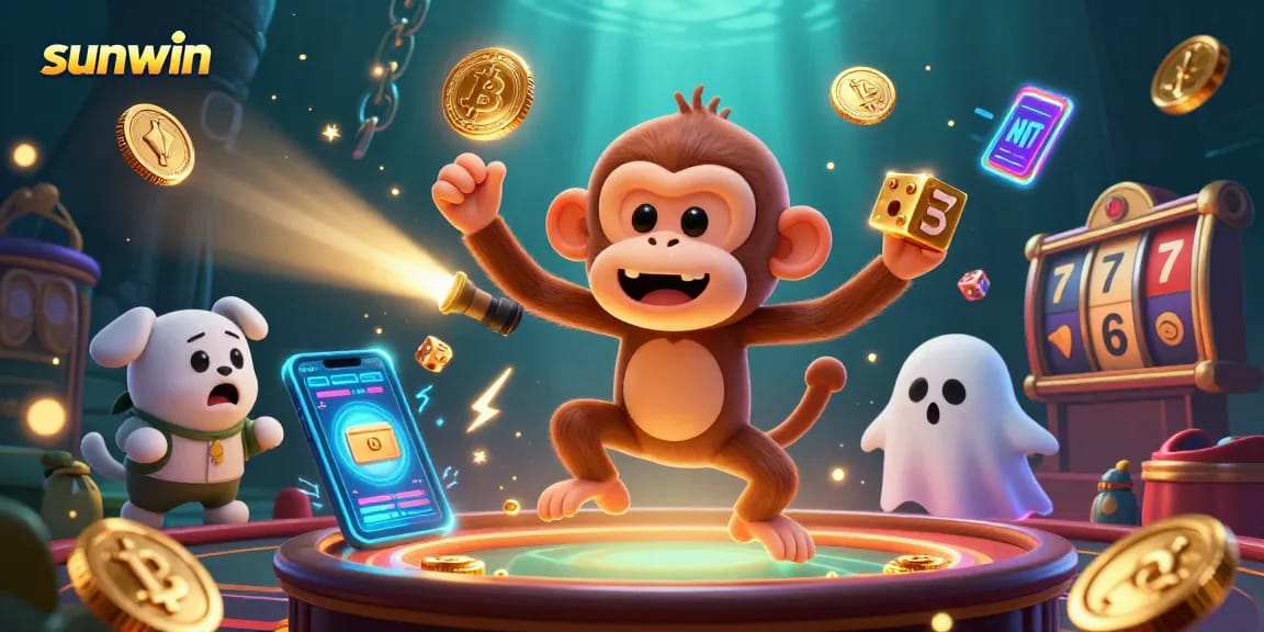 sunwin showcases a lively scene of a ghostly monkey juggling in a haunted casino filled with vibrant slot elements.