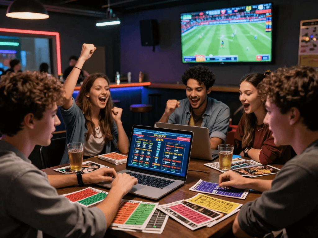 Ambiente di scommesse online con siti non AAMS sicuri, gruppo di giovani adulti che piazzano scommesse eccitati.