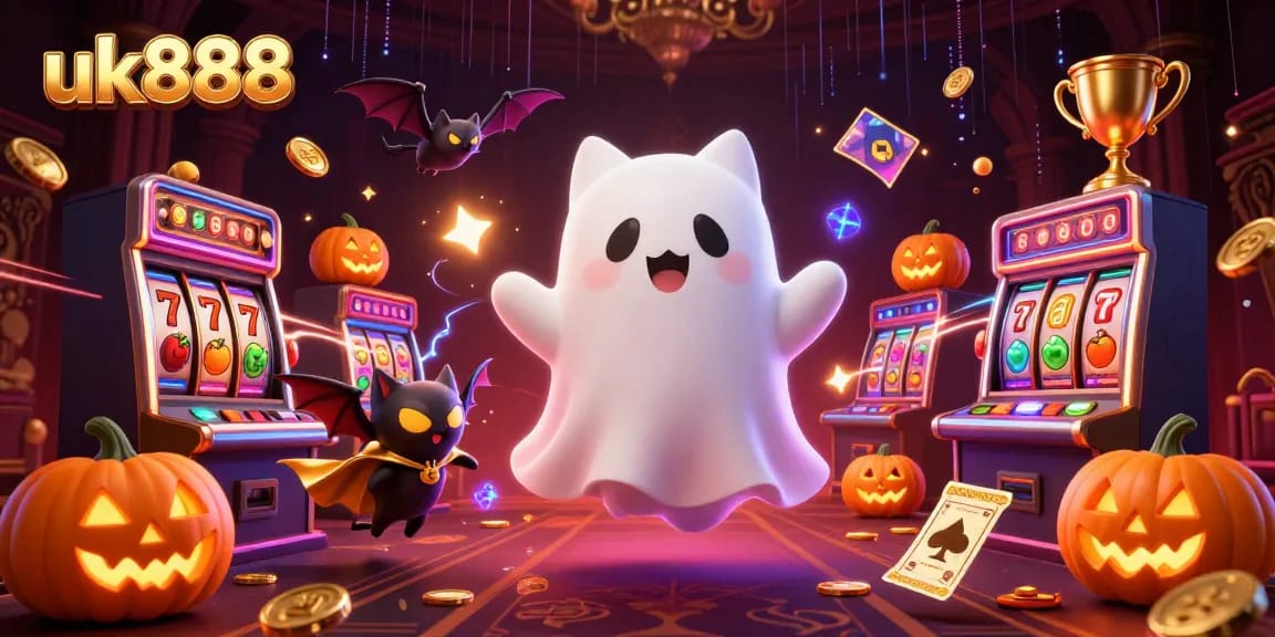 Play and win with uk888 at the haunted casino featuring a ghost cat, vampire bat, and glowing jack-o-lanterns!