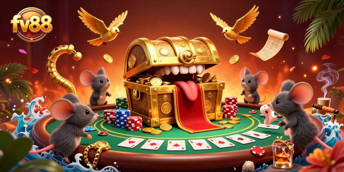 Experience thrilling games at fv88 with colorful poker chips and a golden treasure chest enticing players.