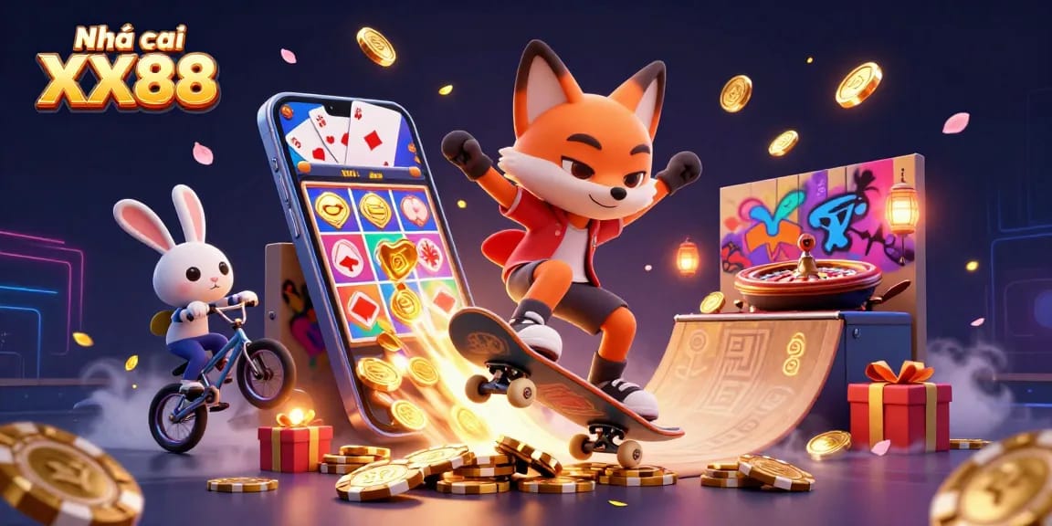 Engage in dynamic gaming at Nhà cái XX88 with skateboard fox and BMX rabbit in a colorful casino scene.