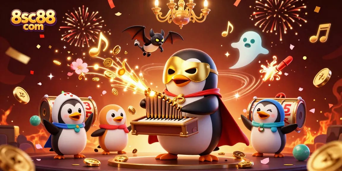 Experience the excitement of winning at 8sc88 com with golden coins, slot reels, and dynamic gaming elements in a festive 3D scene.