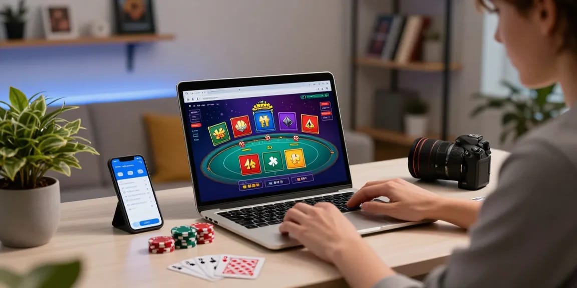 Un ambiente di gioco online sicuro con un giovane adulto che esplora siti non AAMS sicuri sul laptop.