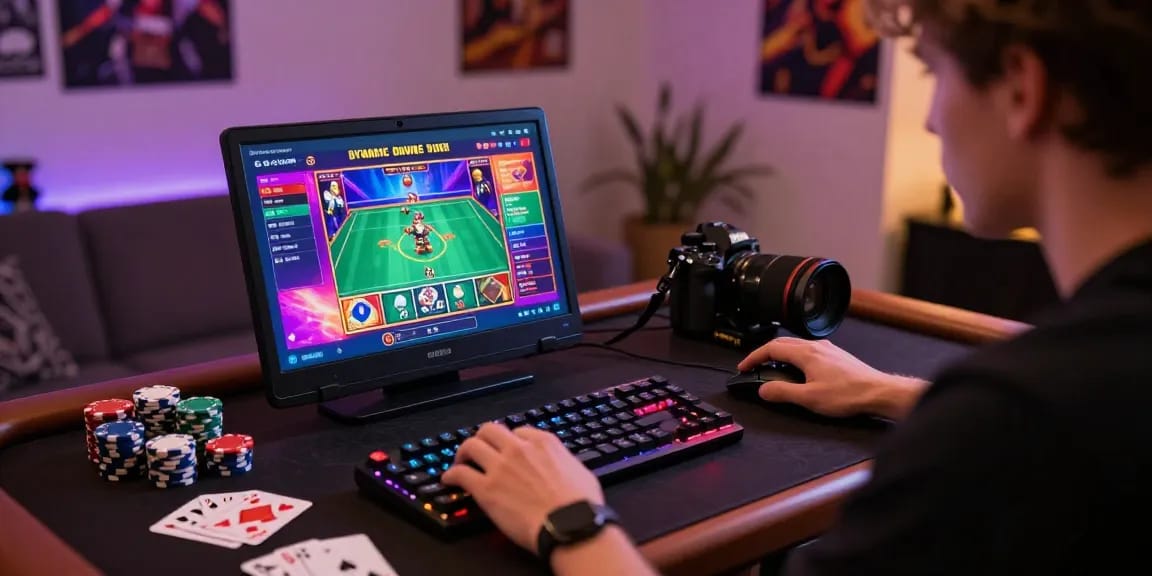 Scena di gioco online che mostra siti non AAMS sicuri con un giocatore concentrato e interfaccia vivace.