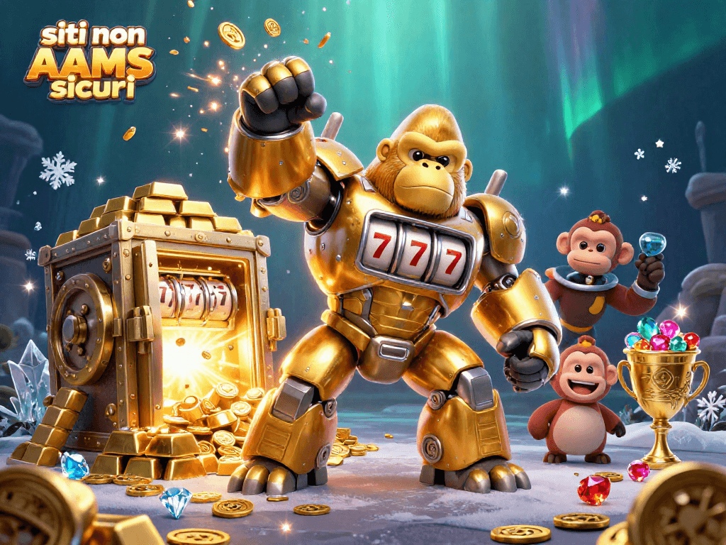 Scopri i siti non AAMS sicuri, con un mech gorilla d'oro e tesori scintillanti in un mondo di gioco.