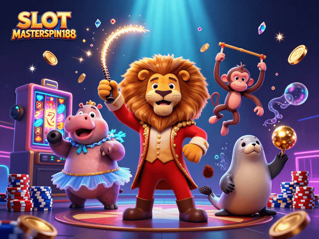 Spin the reels and win big with SLOT MASTERSPIN188 in this vibrant casino illustration.