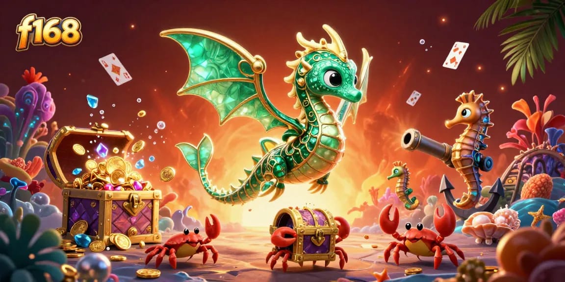 Experience the excitement of f168 with a vibrant underwater casino scene featuring a sea dragon, treasure chest, and more.