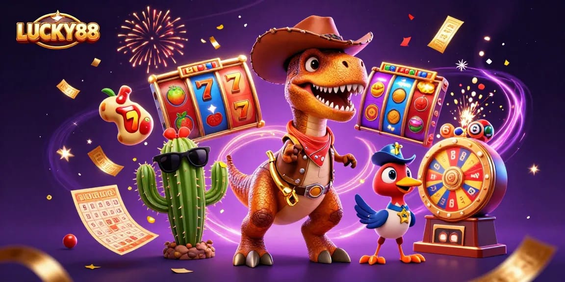 Experience the excitement with LUCKY88 as cartoon characters play slot reels amidst colorful casino elements.