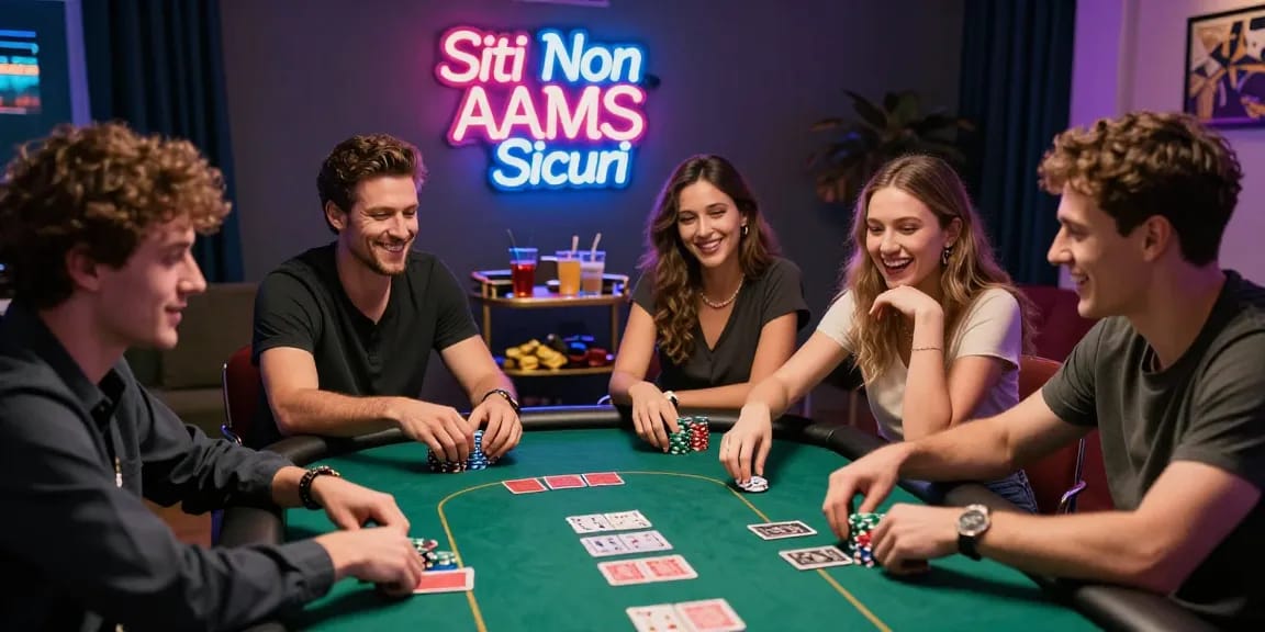 Giocatori coinvolti in una partita di poker nei siti non AAMS sicuri, atmosfera vivace con carte e fiches sul tavolo.