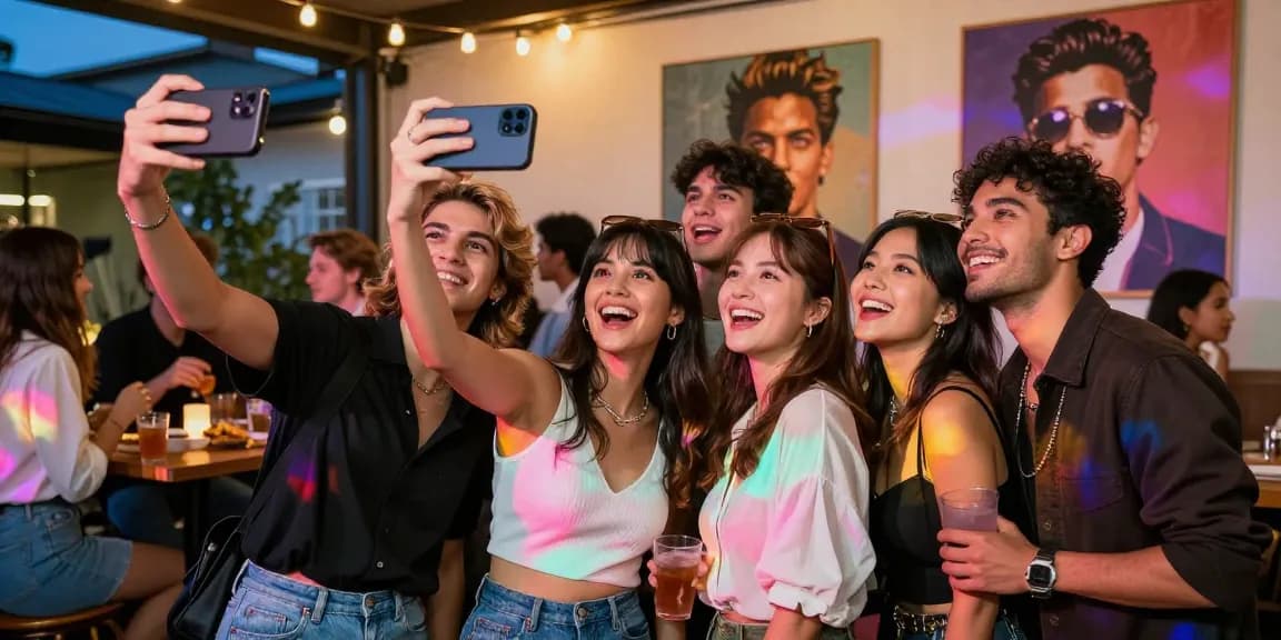 Friends enjoying fun night out using a celebrity look alike app to find celebrities that look alike.