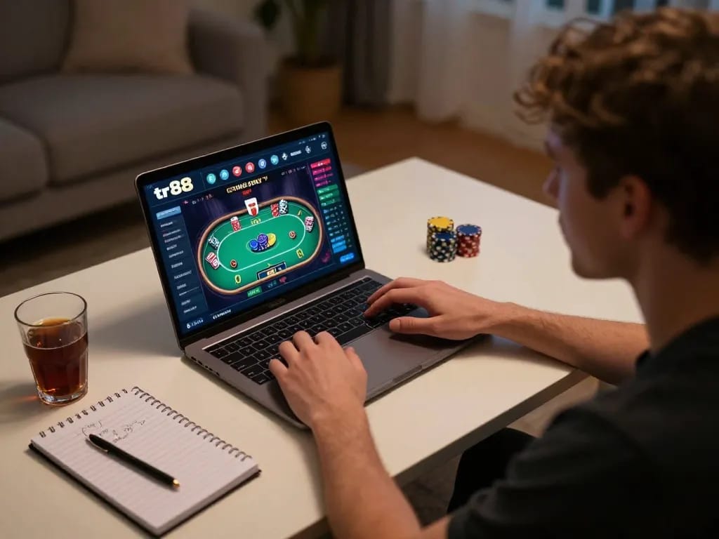 Engaged user playing tr88 bet online casino while jotting down strategies at home
