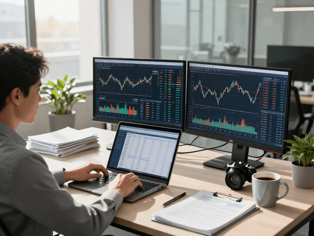 Detailed business workspace showcasing data analytics on trang chủ debet, with financial graphs and market trends.