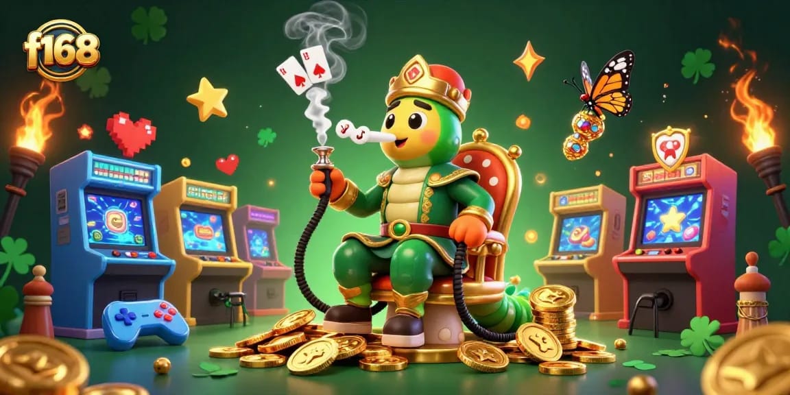 Experience the excitement of f168 with a vibrant 3D illustration capturing a magical casino atmosphere filled with game elements.
