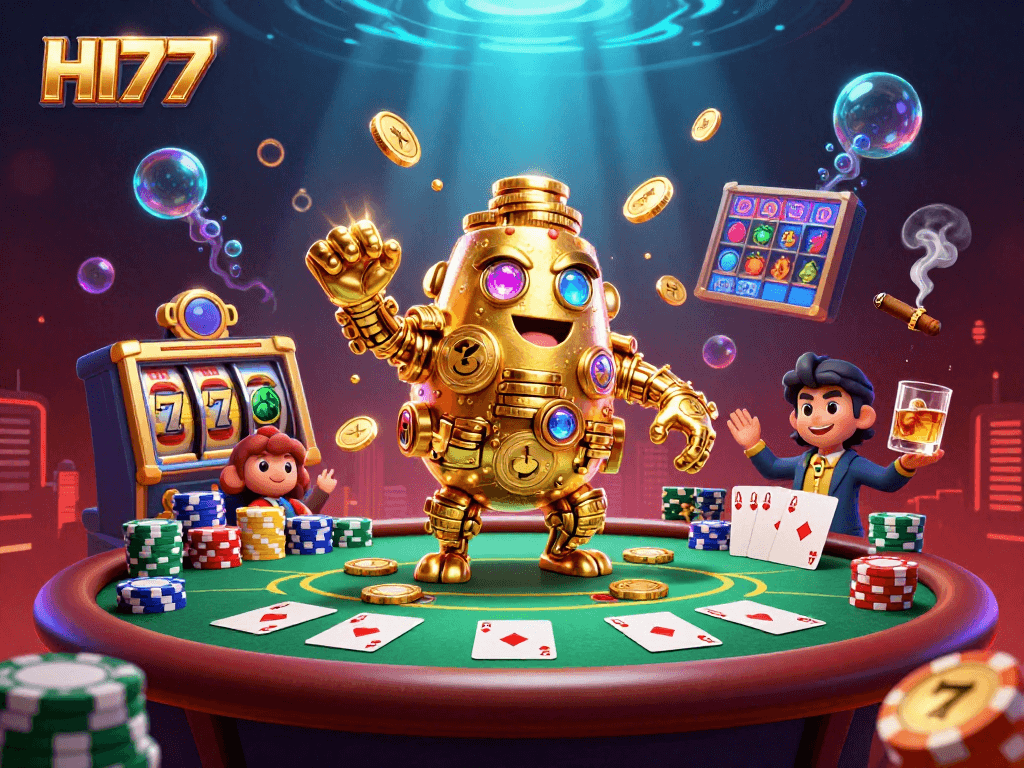 Experience exciting gameplay with HI77's dynamic casino scene featuring vibrant poker elements.