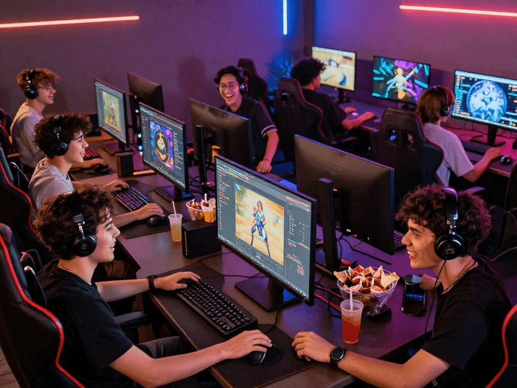 Exciting scene of players engaging in html sex games in a vibrant gaming lounge.