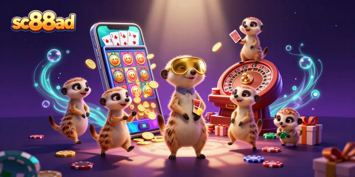 Exciting scene of meerkats in a colorful casino operation with sc88ad dynamic slot game elements.