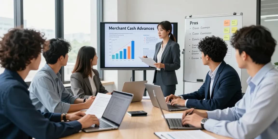Business discussion on merchant cash advance pros and cons in a collaborative office environment, showcasing diverse owners reviewing financing options.