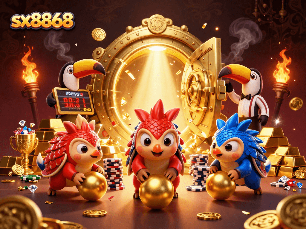 Catch the excitement at sx8868 as rival pangolins bowl through poker chips in a vibrant casino scene.