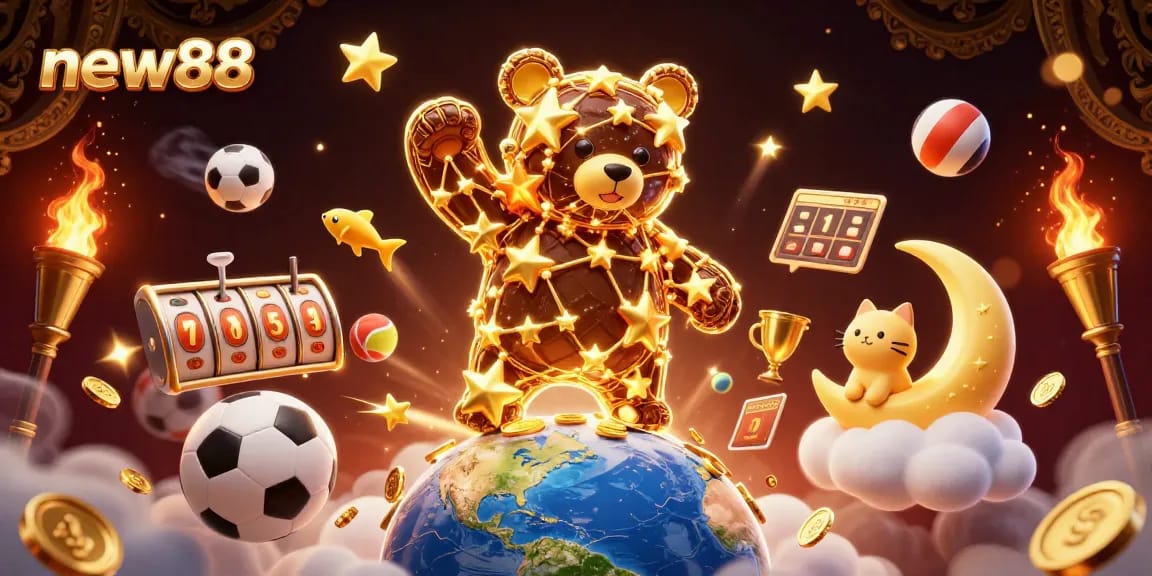 Win big with slots and jackpots at new88, featuring a vibrant casino scene with golden elements.