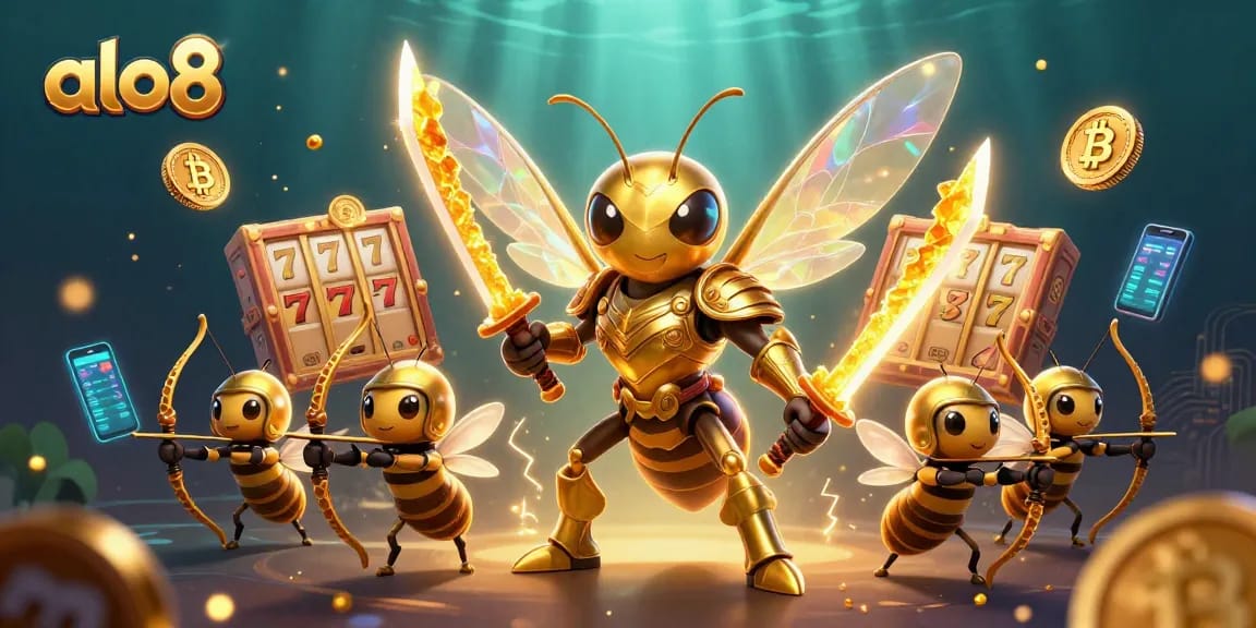 Engage with the thrilling ALO8 casino adventure featuring golden hornet warriors among jackpot slots.