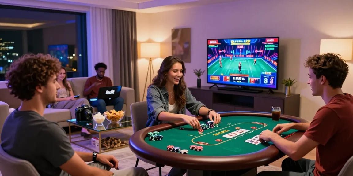 Engaging friends enjoying online games at iwin in a luxurious living room.