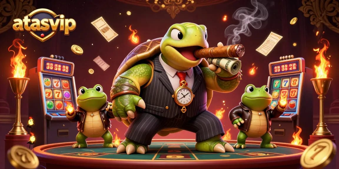 Engage with atasvip's vibrant casino world featuring a whimsical turtle and frog characters amidst dynamic slot game action.