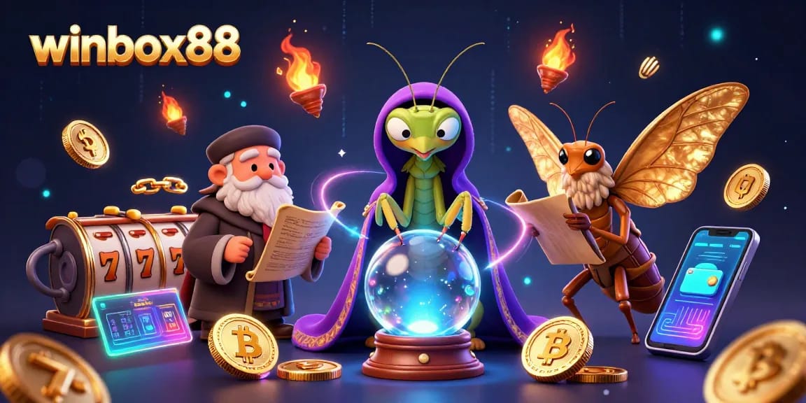 Winbox88 slots come alive in a vibrant 3D scene with a fortune teller and floating elements.