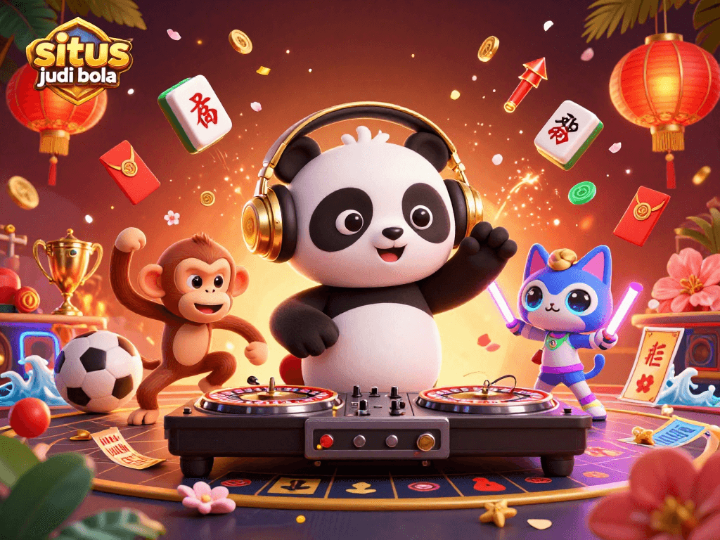 Experience the thrills of situs judi bola with an energetic scene featuring a DJ panda, breakdancing monkey, and glow-stick kitten.