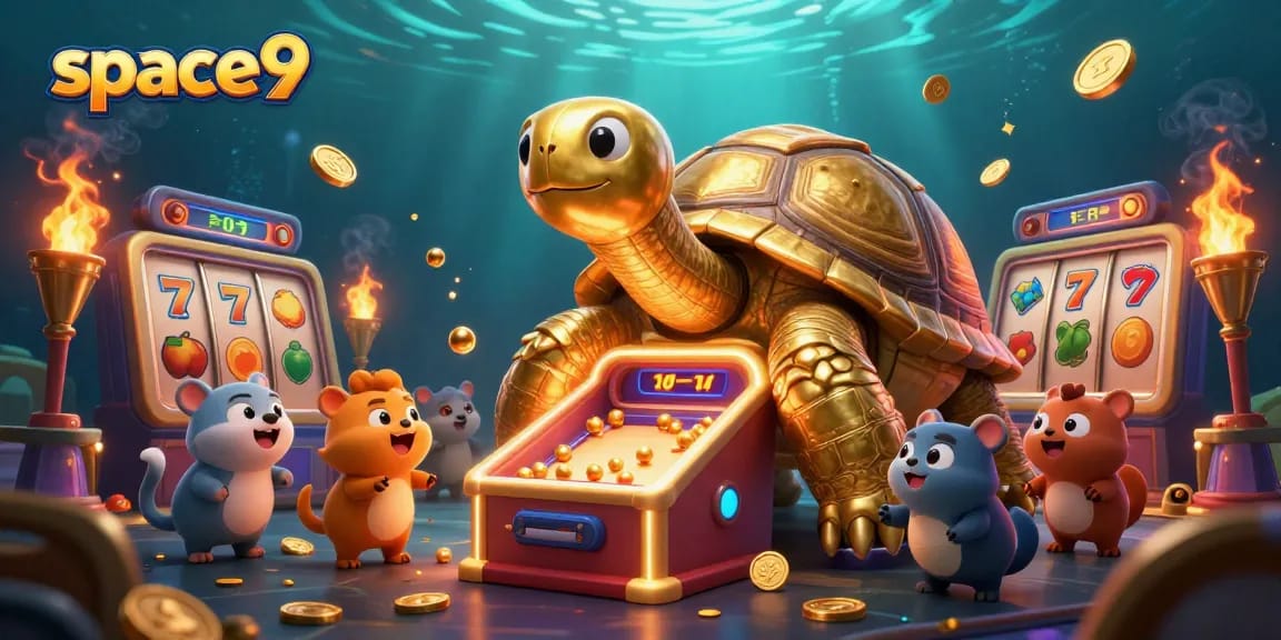 Spin to win at space9 with a vibrant scene showcasing a golden tortoise pinball machine and joyful animal players.