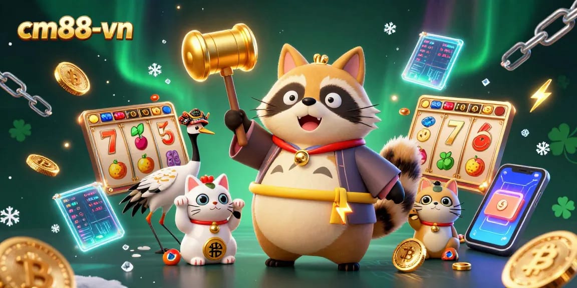 Experience big wins with cm88-vn as the cheerful tanuki celebrates on the casino floor.