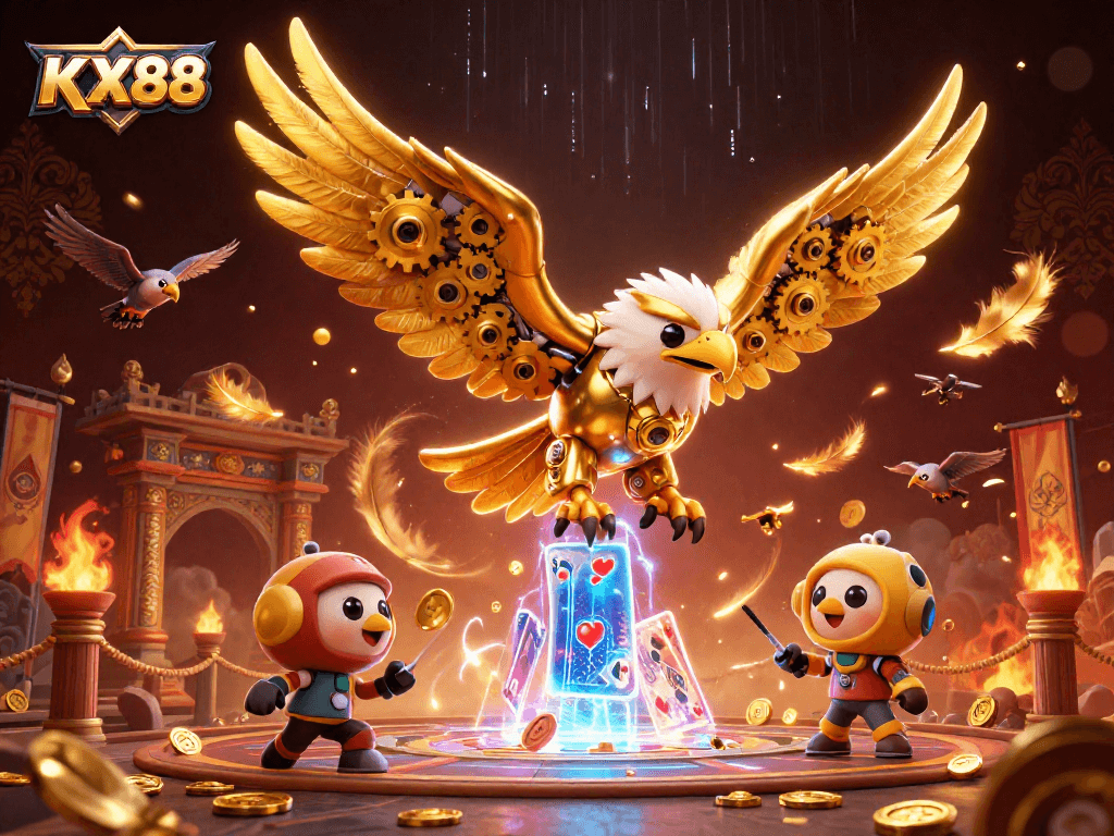 KX88 bets come alive with golden eagle diving through playing cards in an electrifying casino arena