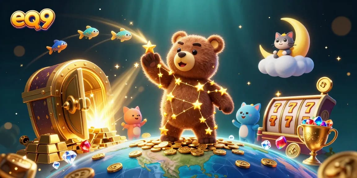 Experience winning moments at eq9 casino with a dynamic 3D illustration showcasing gold coins and vibrant game elements.