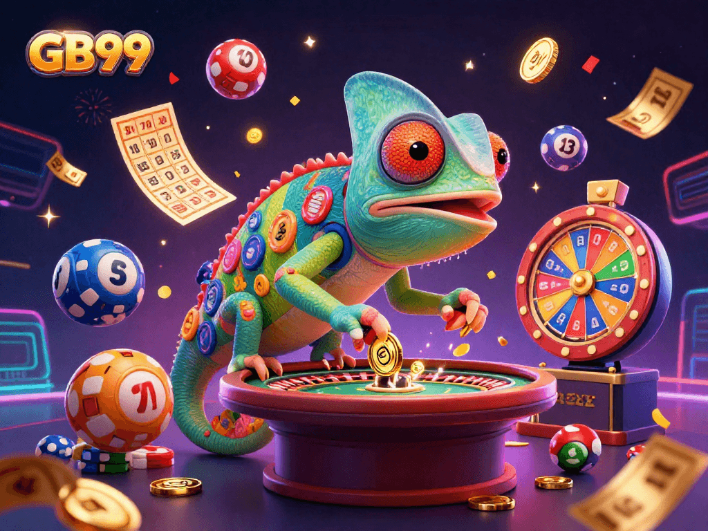 Engage in thrilling games at GB99 with vibrant visuals of the chameleon casino owner capturing excitement and fun.