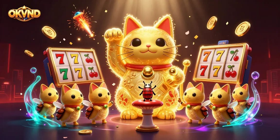 Engage in casino fun with OKVND's vibrant lucky cat, spinning slot reels, and celebratory elements.