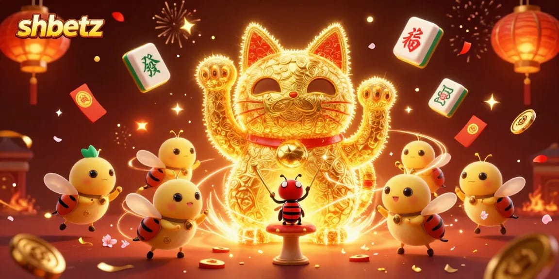 Experience exhilarating games at shbetz with a dynamic lucky cat and vibrant casino symbols.