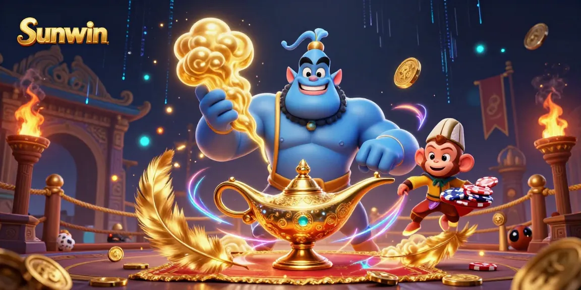 Experience the thrilling atmosphere of Sunwin Casino with a magical poker scene featuring a genie, monkey, and poker chips.