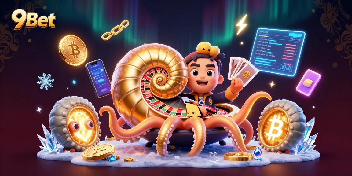 Engage with the thrilling experience of 9Bet featuring a giant interactive nautilus roulette wheel and vibrant crypto elements.