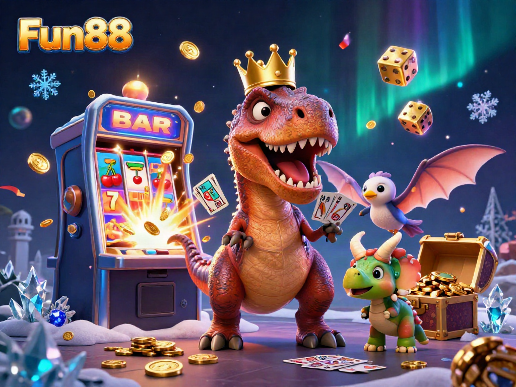 Fun88 showcases a playful scene with a T-Rex shuffling cards, enhancing the excitement of online gambling.