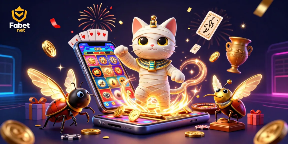 Experience the thrill of Fabet net with a vibrant 3D illustration showcasing playful casino characters and games.