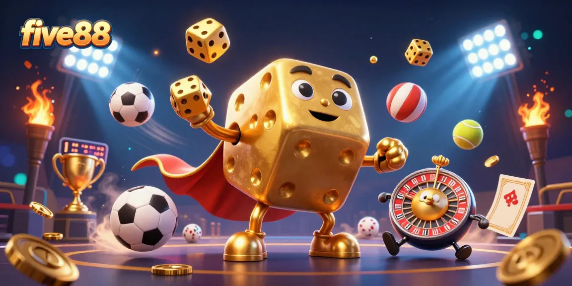 five88 showcases a vibrant golden dice golem with sports balls in a dynamic casino scene