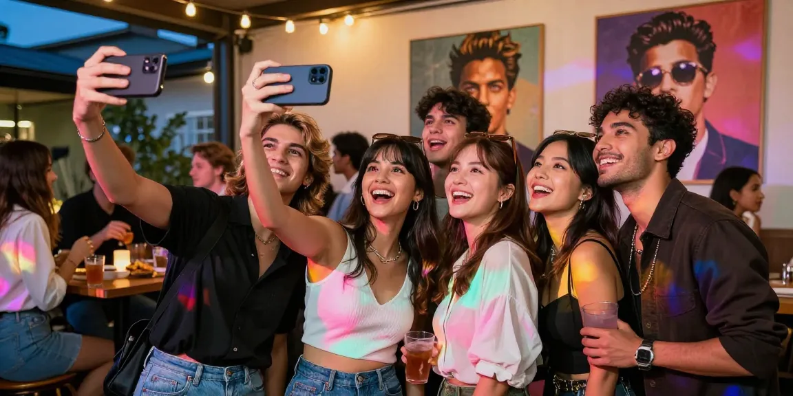 Friends enjoying fun night out using a celebrity look alike app to find celebrities that look alike.