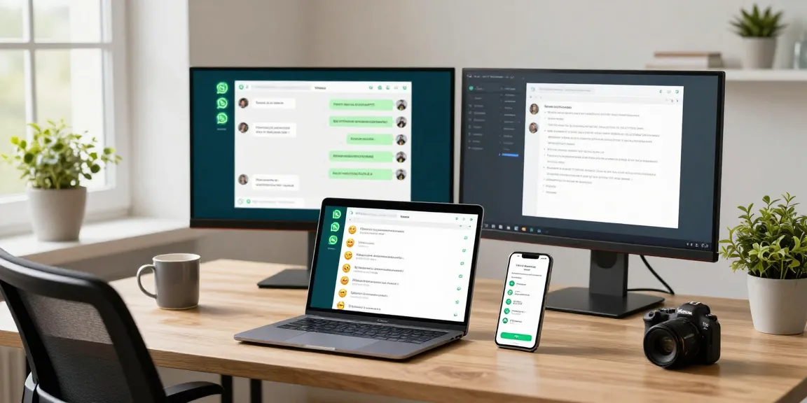 Engaged user interacting with WhatsApp網頁版 on laptop in a modern workspace.