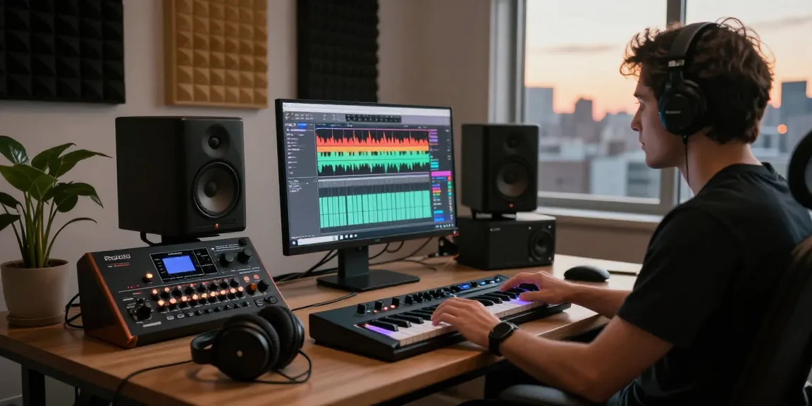 Musician using Roland SC88 in a modern music production studio, surrounded by professional equipment and warm lighting.