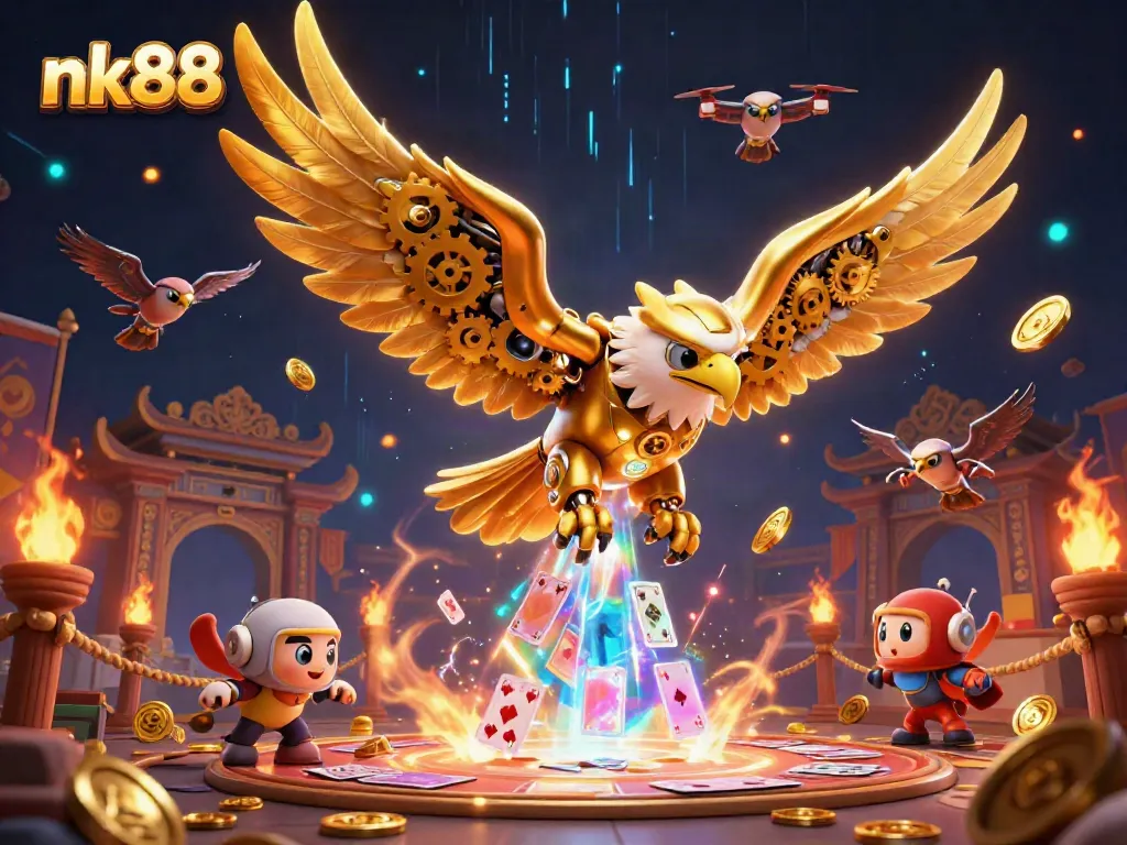 Experience the excitement of nk88 casino with a dynamic illustration of a golden eagle amidst cascading holographic cards.