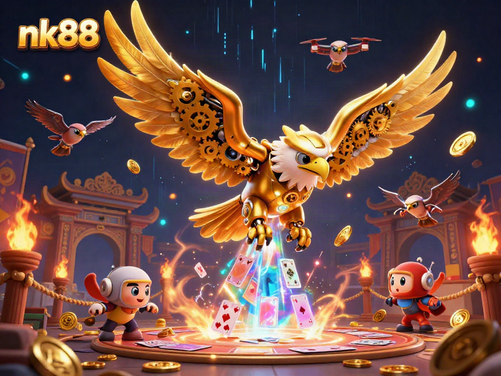 Experience the excitement of nk88 casino with a dynamic illustration of a golden eagle amidst cascading holographic cards.