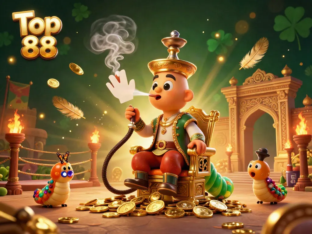 Engage with Top 88 in a vibrant casino scene featuring a caterpillar in a sultan outfit, poker hand symbols, and dynamic game elements.
